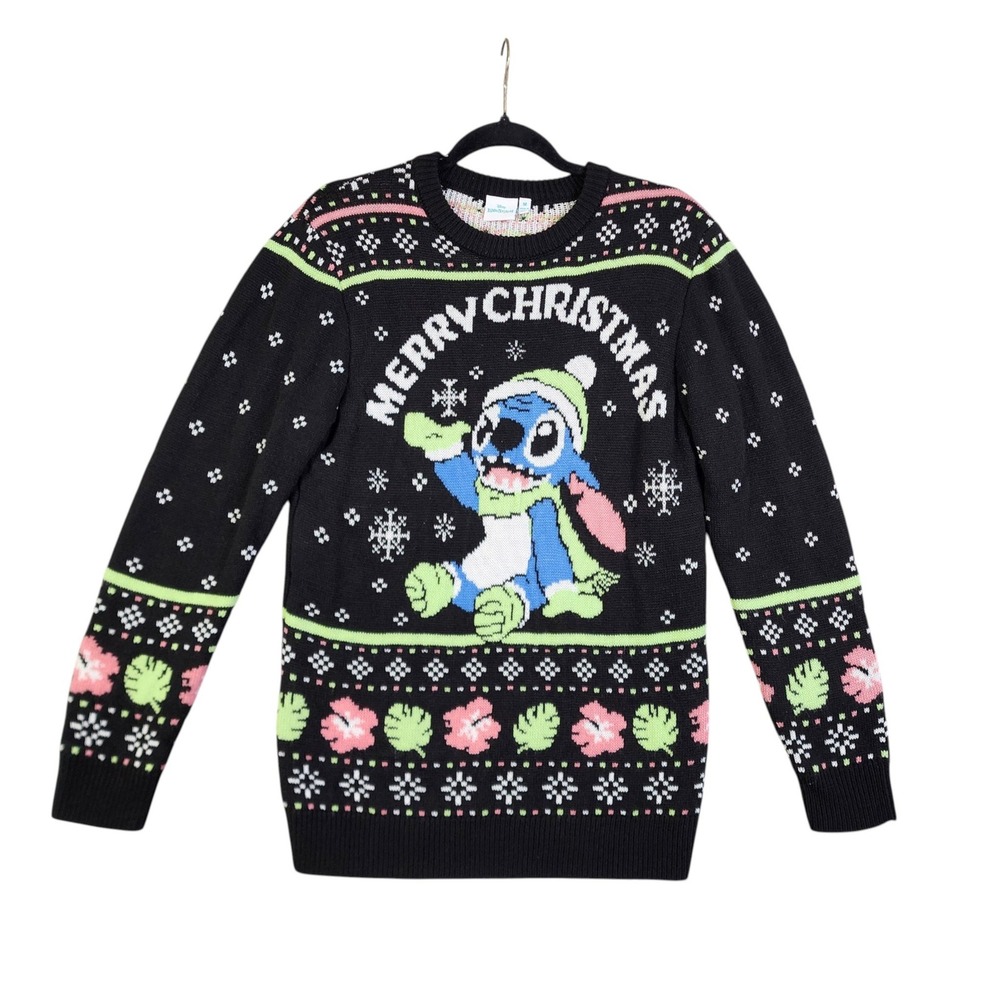 Disney Lilo & Stitch‎ Womens Merry Christmas Sweater Size Medium Black Knit